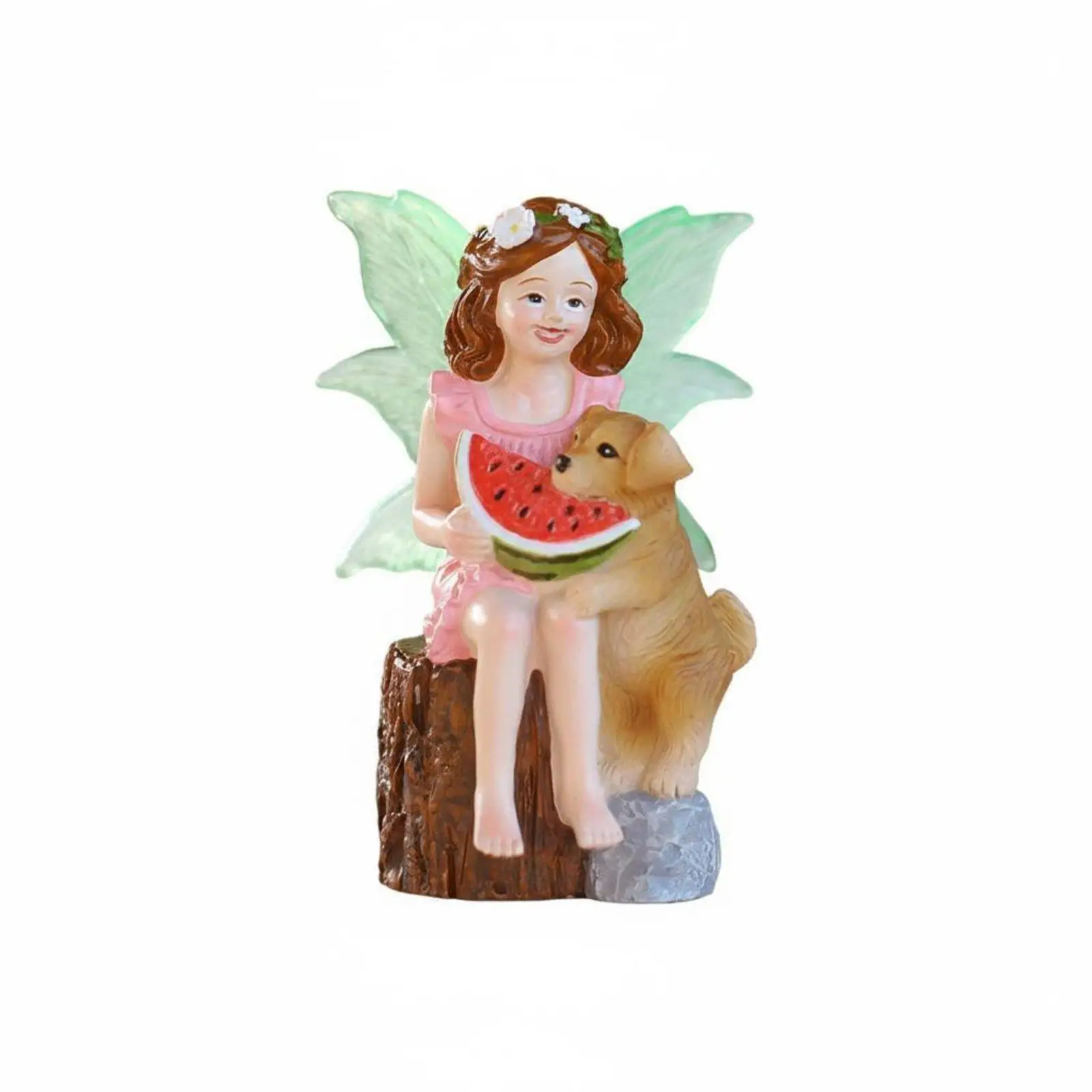 Child and Puppy Statue Cute Design Watermelon Fairy Figurine Gift Concept Garden Fairy Ornament for Flower Pot, Patio, Balcony