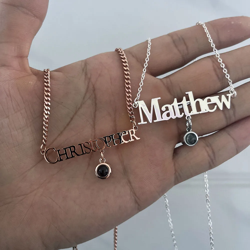 Custom Name Jewelry Personalized Photo Projection Stainless Steel Water Drop PVD Plated Nameplate Necklace For Women Party Gift