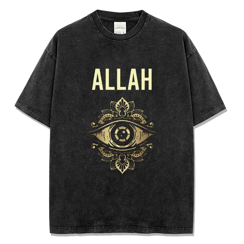 

Summer Men's Casual T-shirt Washed Color Allah Letters Print Designer Short Sleeve T Shirts Pure Cotton Comfortable Male Tops