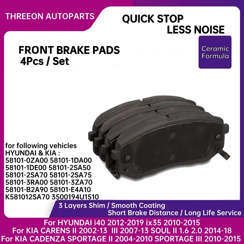 THREEON Front Ceramic Brake Pads for HYUNDAI i40 2012-19 ix35 2010-15 KIA CARENS 2002-2013 SOUL II KIA SPORTAGE 2004-15