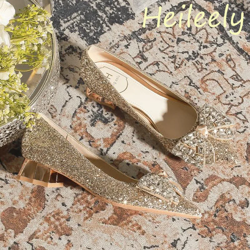 

3cm New Fashion Pointed Toe Sequins with Rhinestone Bow Low Heels Banquet Party for Women Gold Shoes 41 42 43