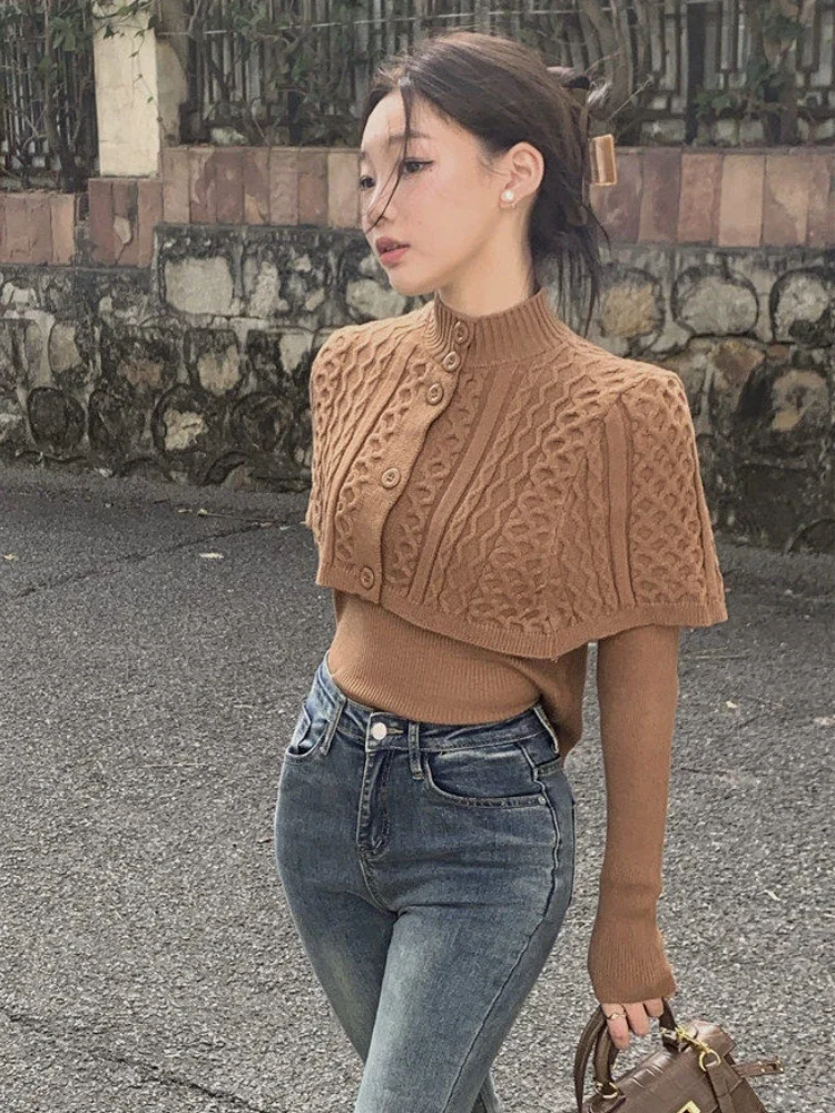 Set 2 Potong Kardigan Turtleneck Pulover Lengan Panjang Wanita Pakaian Musim Gugur Solid Elegan Pakaian Rajut Fashion Korea Wanita Minimalis
