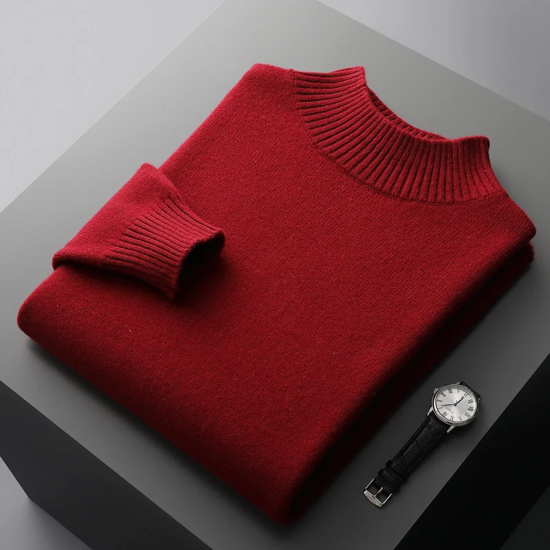 Men\'s 100% pure wool solid color semi-high neck thick business casual loose new knitted cashmere sweater in autumn and winter.