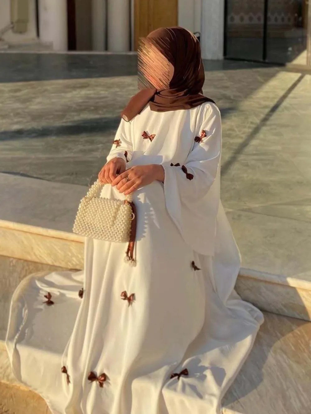 Sukienka damska Muzułmańska Abaja na Eid Arabska kokarda Rozkloszowany rękaw Długa szata Jalabiya Ramadan Dubaj Abayas Kaftan Vestidos Maroko Sukienki — zdjęcie 5