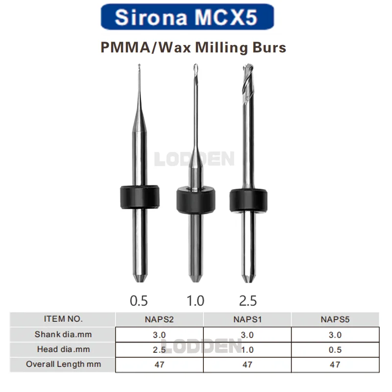 LODDEN Dental Lab Milling Burs Drill for Sirona MCX5 Machine CAD CAM Grinding PMMA 0.5/1.0/ 2.5mm NC Coating