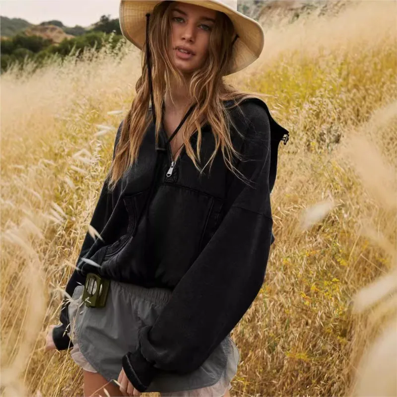 Sweat-shirt à capuche pour femmes, couleur Pure, grande poche, mode automne, ample, avec col semi-ouvert, fermeture éclair, hauts de jogging, vêtements de sport décontractés