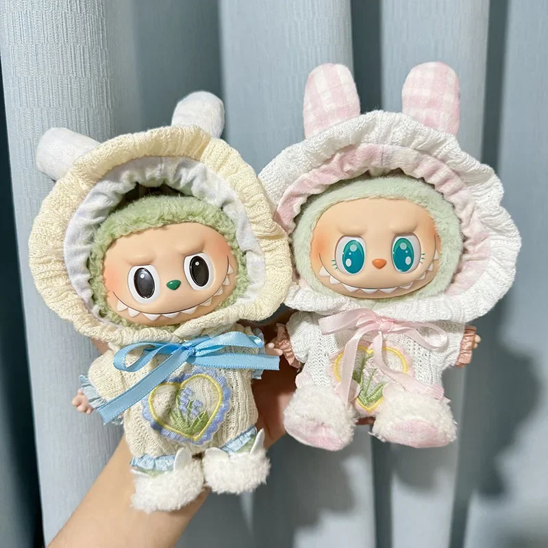 17cm Labubu I II Idol Dolls Sitting Party Clothing Outfit Accessories Cute Mini The Monster Hooded Jumpsuit Rabbit Shoes YE21A