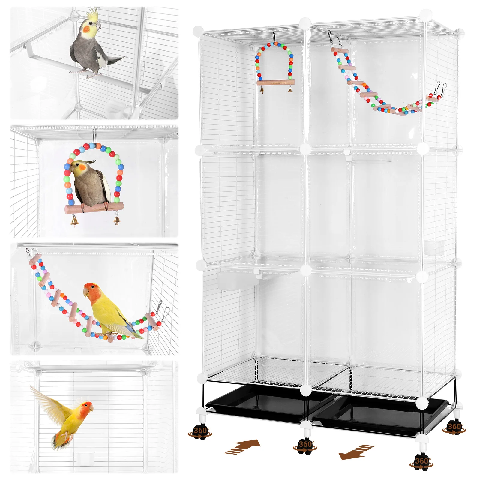 

Large Bird Cage with Rolling Stand Tray Swing Ladder Splash-Proof Luxury Villa for Parrots Cockatiels Conure Budgie Canary Myna