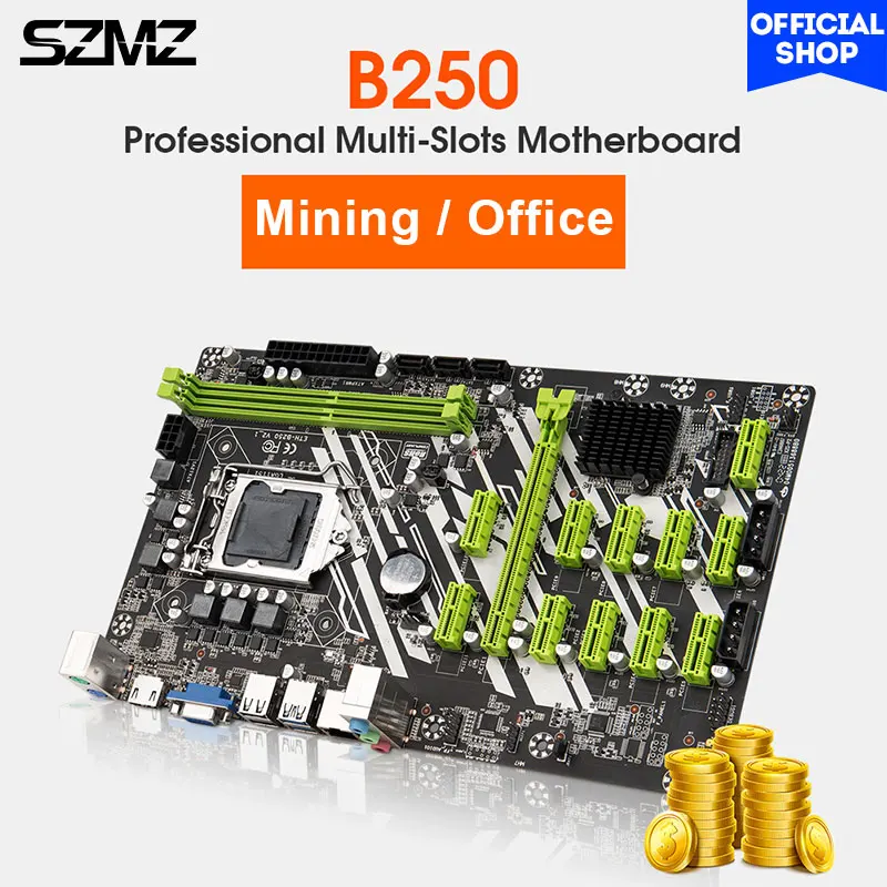 SZMZ New B250 BTC Mining Rig Motherboard LGA 1151 support 12 GPU PCI-E16X DDR4 SATA3.0 VGA- Miner Crypto Cryptocurrency Farm