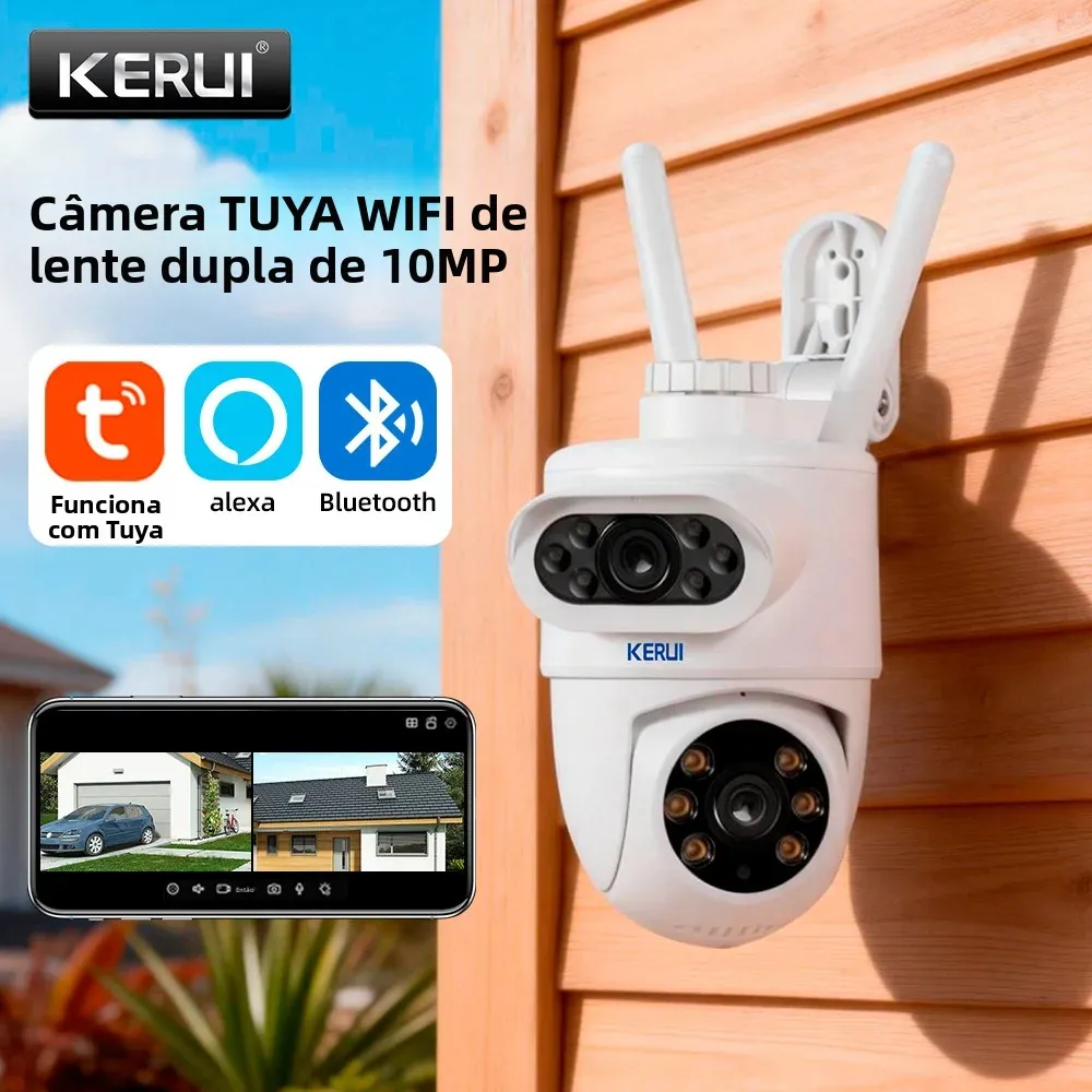 Câmera PTZ WIFI KERUI 5K 10MP com Lente Dupla, Tela Dupla Full HD, Rastreamento Automático, Câmera de Vigilância de Segurança Externa com Tuya