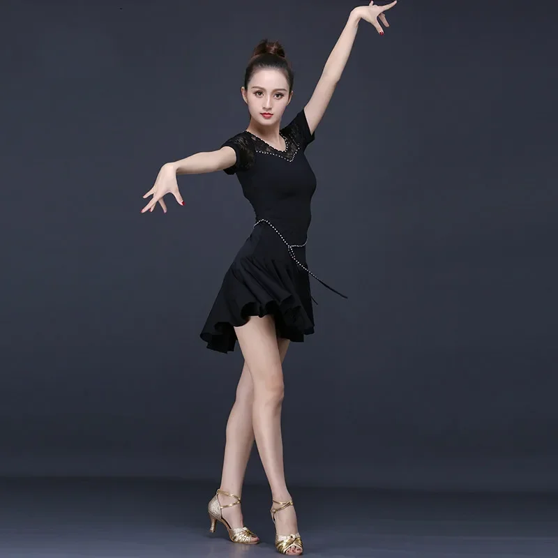 

Latin Dance Costume Woman Black Practice Dress Short Sleeve Tango Dancewear Female Ballroom Competition Dresses for Sale