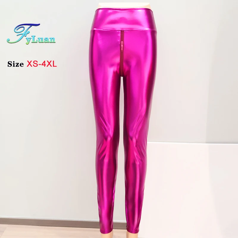 New High Elasticity Knitted Spandex Stamping Gold Women Pants Plus Size  Double Zipper Open Crotch Exotic Shine Female Leggings