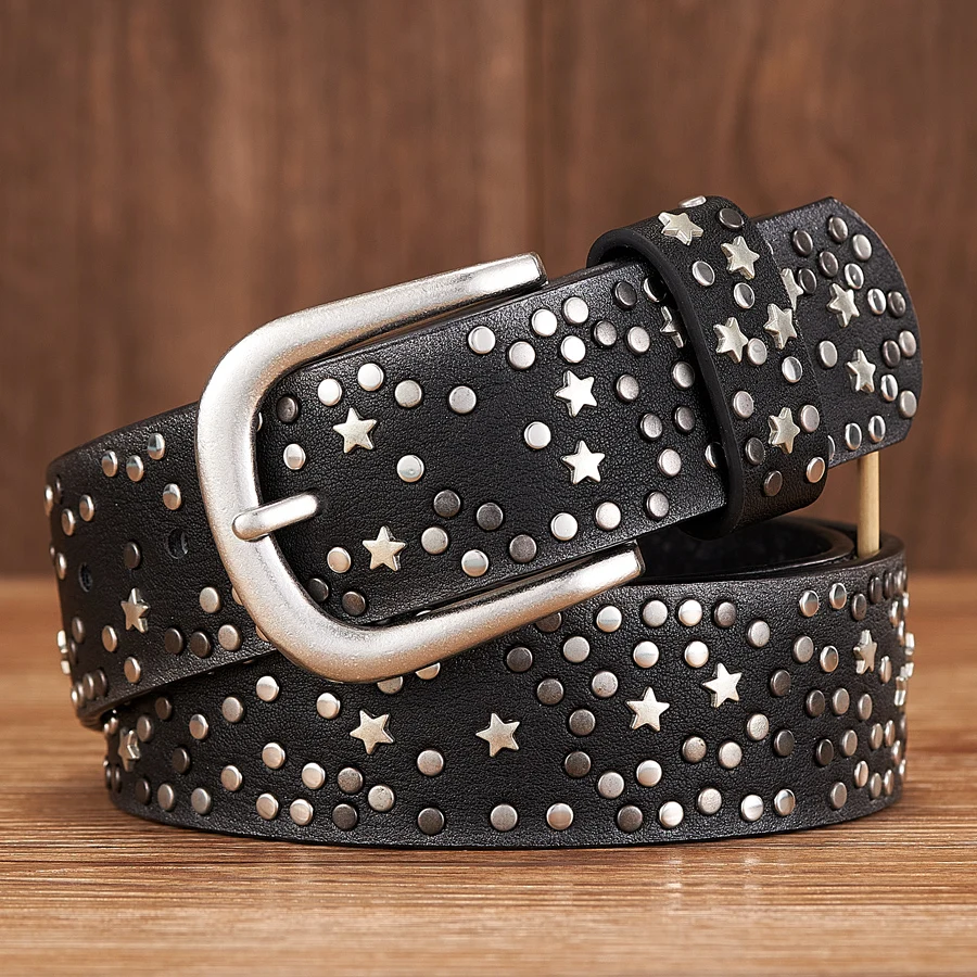 New Fashion Women's Rivet Belts Punk Rock Style Male Belt For Lady PU Leather Sequins Metal buckle Wide Metal Star Rivet bead