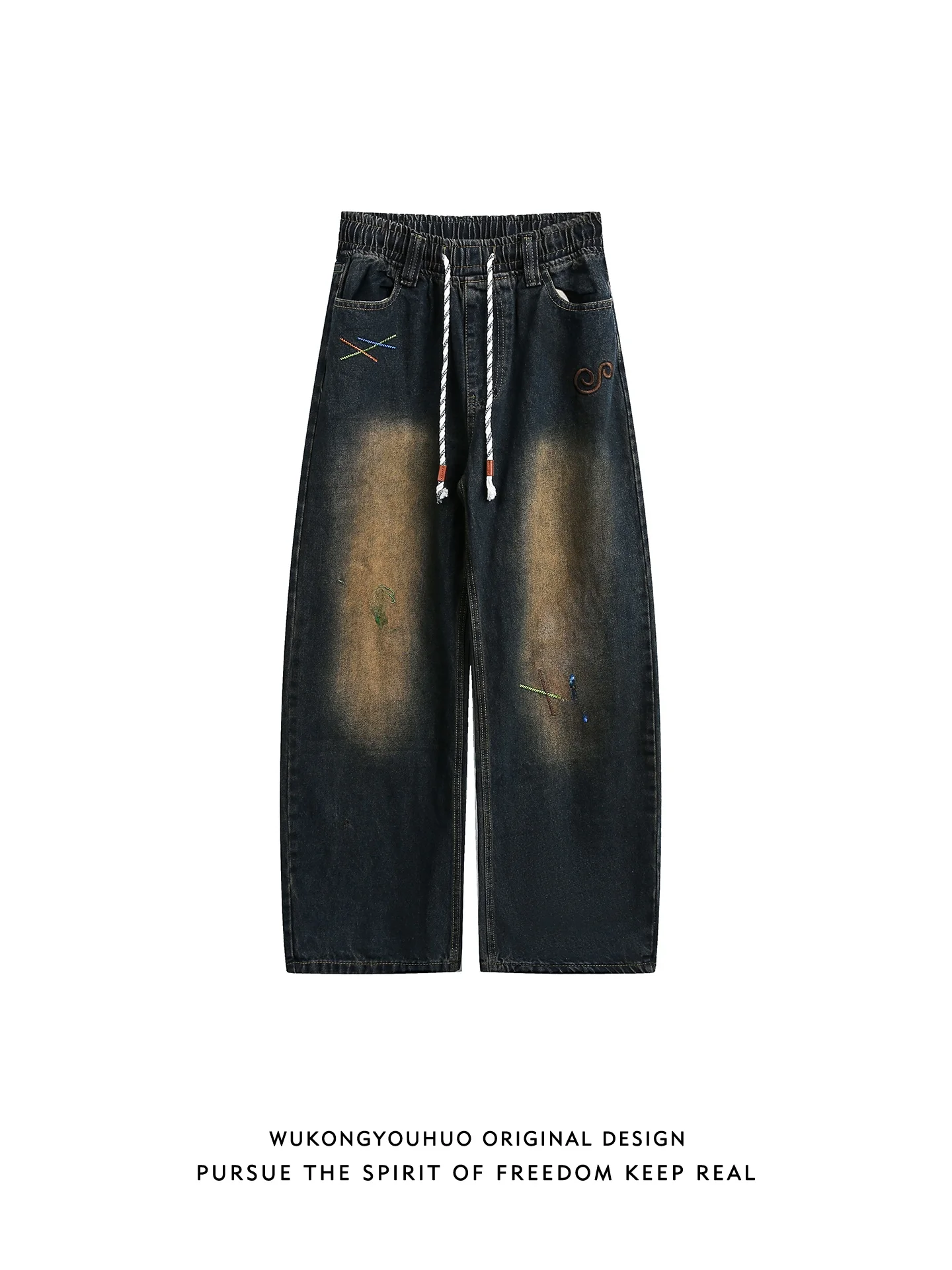 

Мужские джинсы-стринги из денима с вышивкой в стиле ретро, свободного кроя, прямые, длинные, повседневные, для уличного стиля