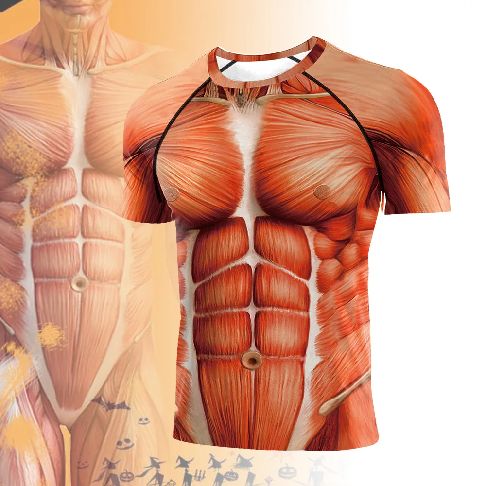 Halloween Muscle Body 3D Printed Men\'s T-shirt Fashion Muscle Printing Man Long Sleeve Top Body T Shirt Tee