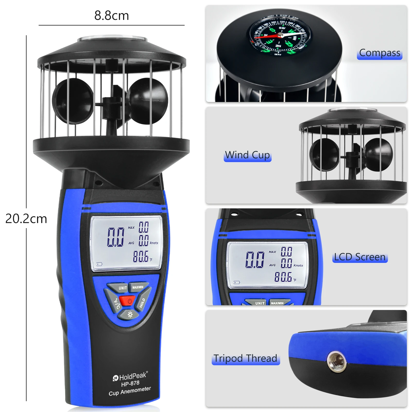 Ręczny miernik wiatru, anemometr cyfrowy HP-878 wyświetla temperaturę wiatru, objętość powietrza, prędkość/kierunek wiatru z podświetlenie LCD