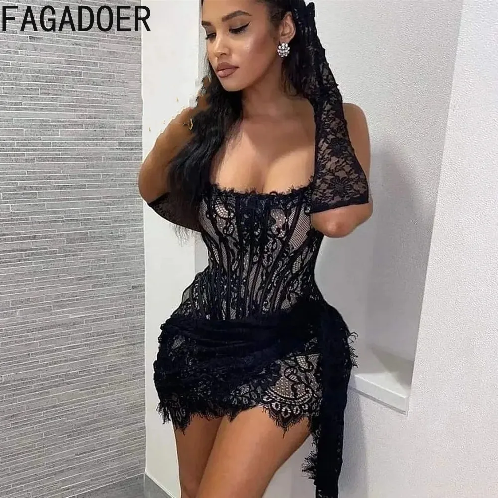 FAGADOER Vintage Elegant Lace Dress Mesh See Through Bandage Dresses Hot Girl for Party Club Birthday Vestidos +Lace Gloves