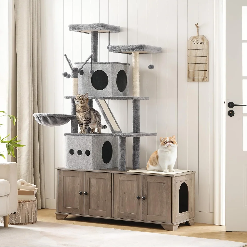 

Double Litter Box Enclosure with Cat Tree, 45.3"L x 17.7"W x 68.9"H All-in-One Modern Cat Tower with Cat Bed