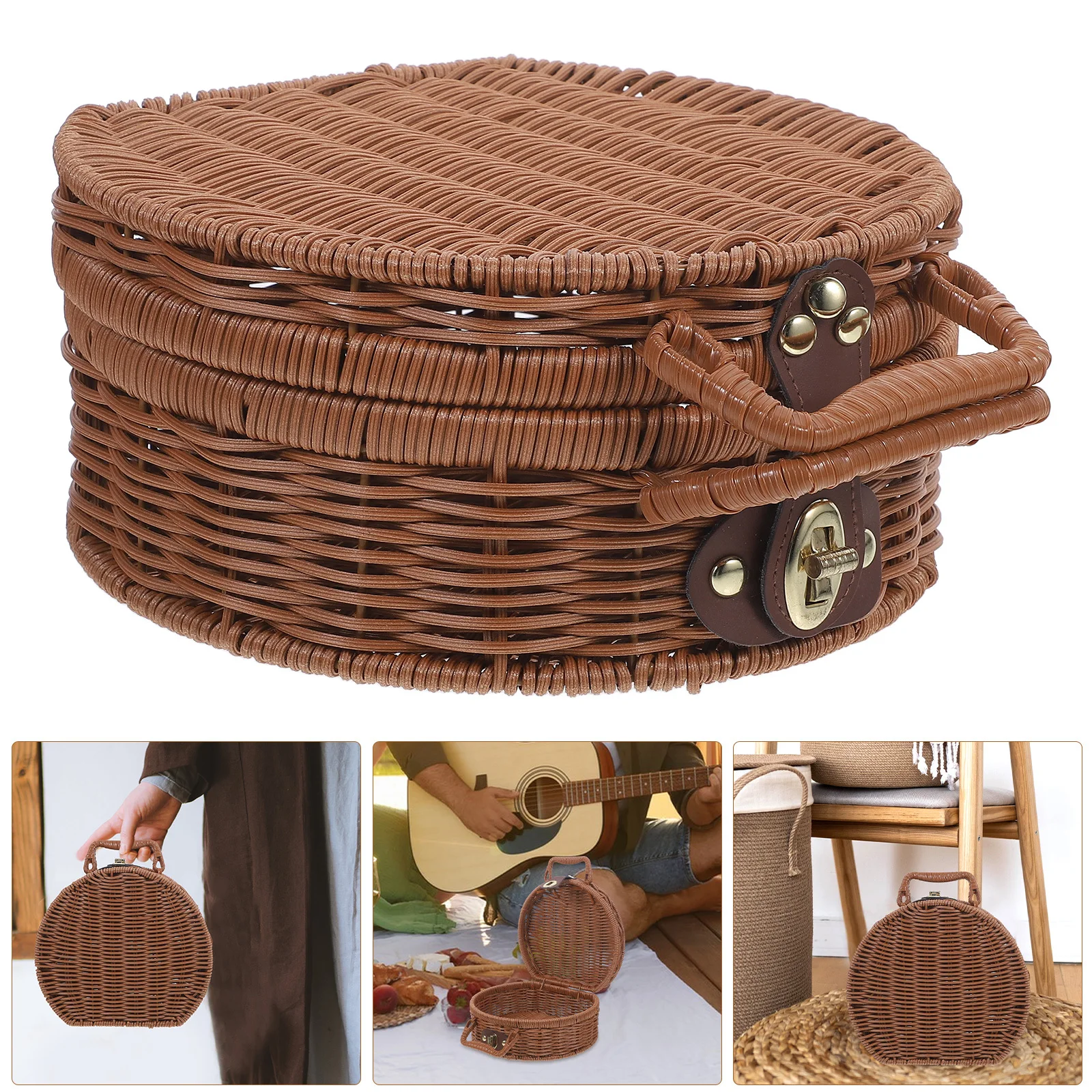 1pc Woven Picnic Basket Storage Box Large Capacity For Outdoor Camping Hiking Barbecue Rustic Style Imitation Rattan Hamper Home