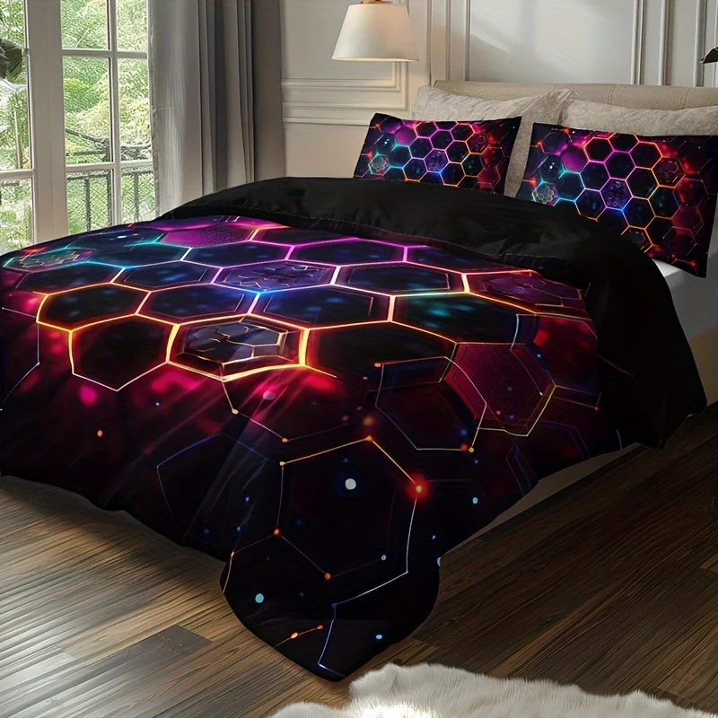 3-Piece Duvet Cover Set Honeycomb Hexagon Pattern Breathable All-Season High Definition Digital Print Machine Washable Bedding S