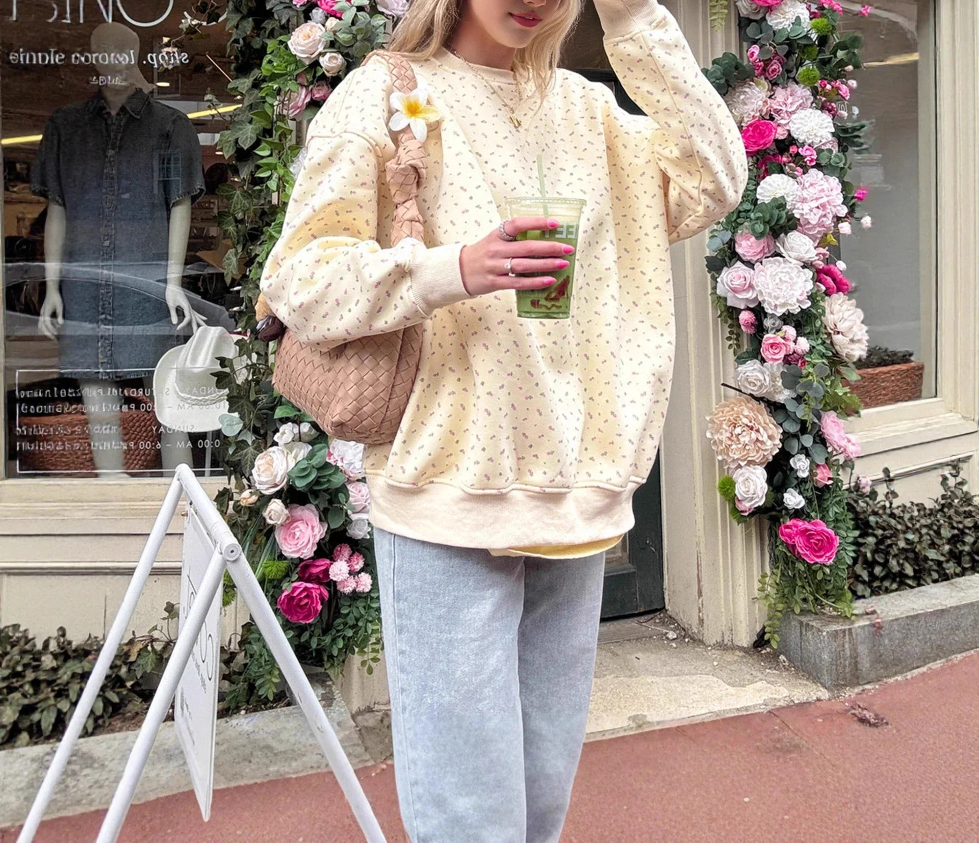 Jersey de cuello redondo estampado de longitud media a larga para mujer, Sudadera con capucha informal de manga larga, ropa hermosa para mujer