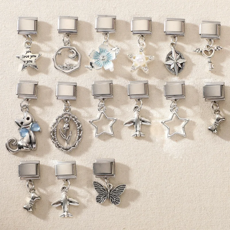 Cute Y2K Cat Butterfly Heart Flower Crab Star Bow Pendant Italian Charm Link Stainless Steel Fit 9mm Bracelet DIY Making Jewerly