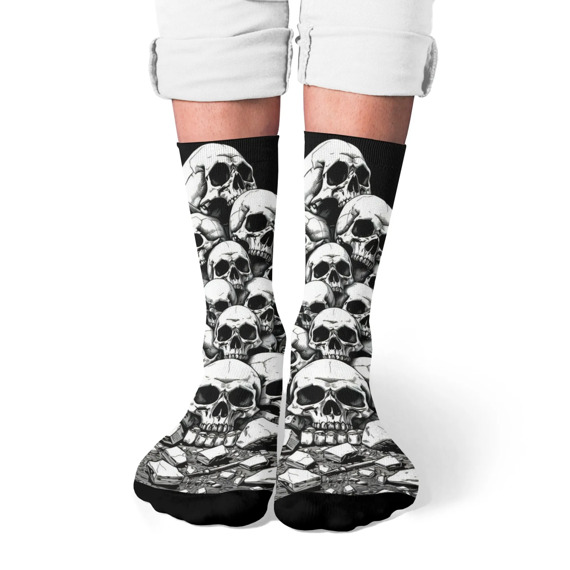 남성용 크루 양말 1켤레 블랙 & 화이트 해골 콜라주 아트 프린트 부드럽고 편안한 캐주얼 양말 일상 착용 및 팝 컬처 팬용