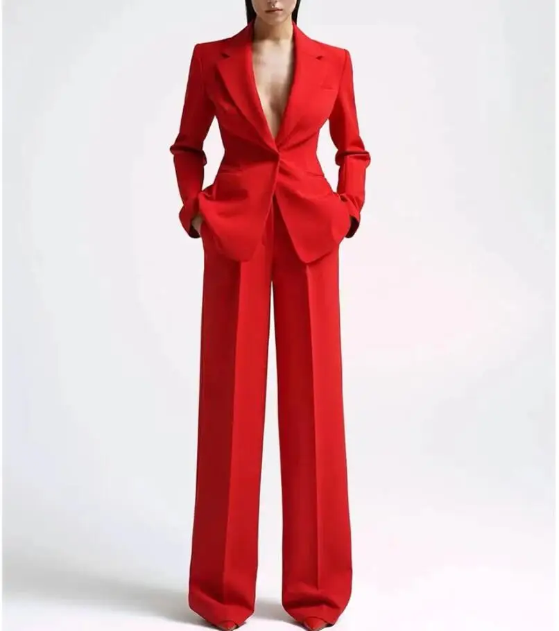 Tesco Single Button Blazer+Wide Leg Pants Suit Sets For Women Solid V Neck Loose Female Pantsuit Custom Made conjunto femininos