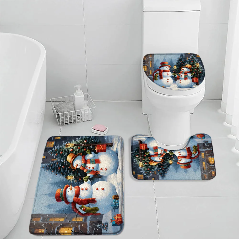 Christmas Snowman Bath Mat Set Winter Holiday Snow Forest Pine Tree Xmas Gifts Bath Decor Flannel Home Carpet Toilet Lid Cover