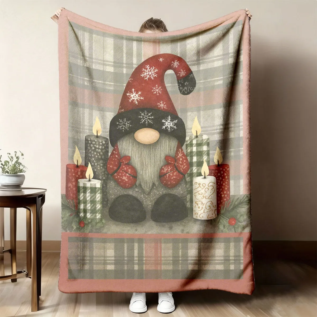 Gnome Candle Plaid Christmas Fleece Blanket for Cozy Bedroom Decor Soft Warm Throw Blanket Wrap