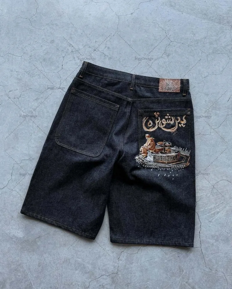 

Trendy High Street Harajuku Retro Denim Shorts Streetwear Men Hip-hop Punk Loose Casual Shorts Women Gothic Y2K Straight Pants