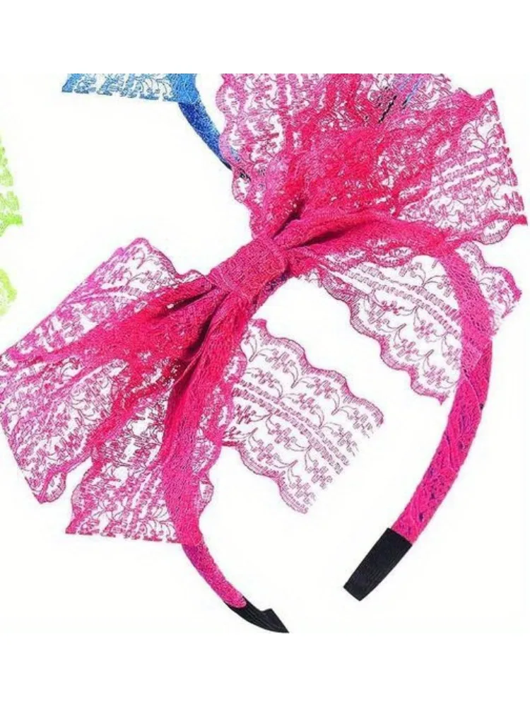 PESENAR 80\'s Lace Headband Costume Accessories for 80s Theme Party No Headache Neon Lace Bow Headband Set of 4