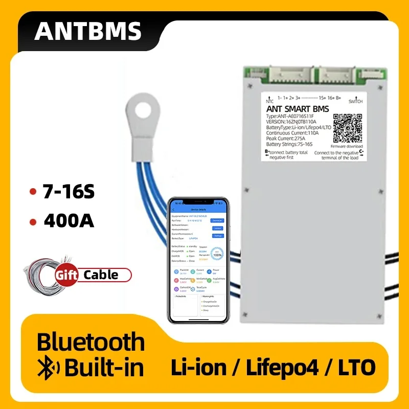 

ANT BMS Smart bms 7S 400A 8S 10S 12S 13S 14S 16S Li-ion Lifepo4 LTO Battery bms balancer 80A 110A 130A 24V 36V 48V BT Built-in