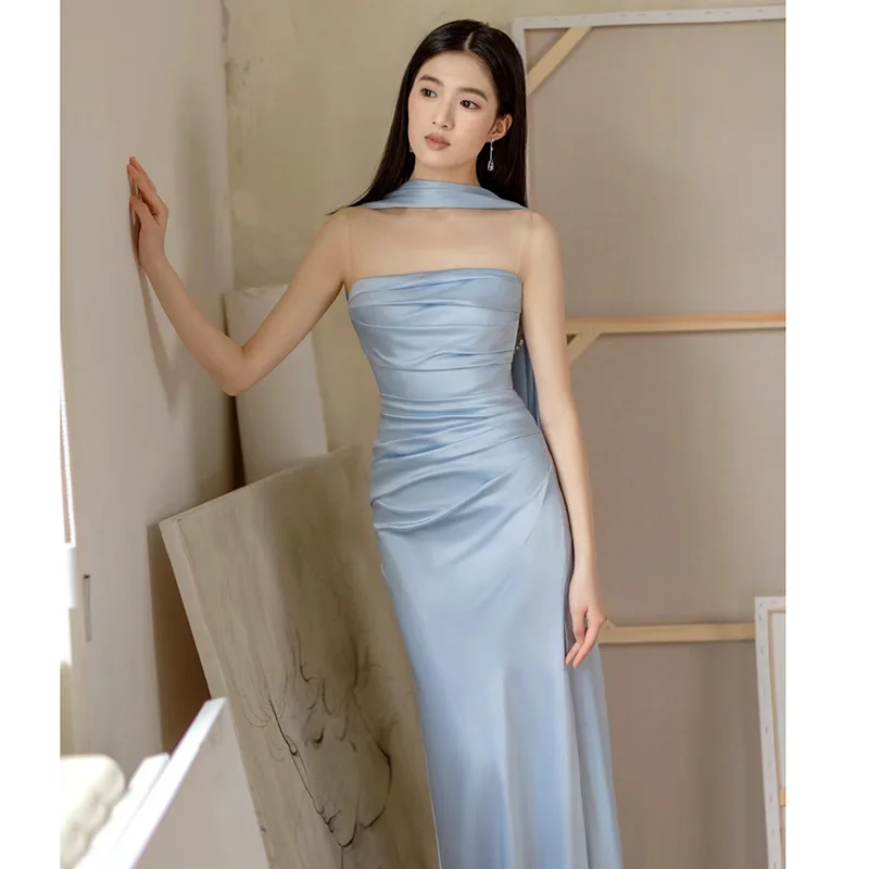 

Blue evening dress skirt women 2025 new high-end light luxury niche tube top French haute couture