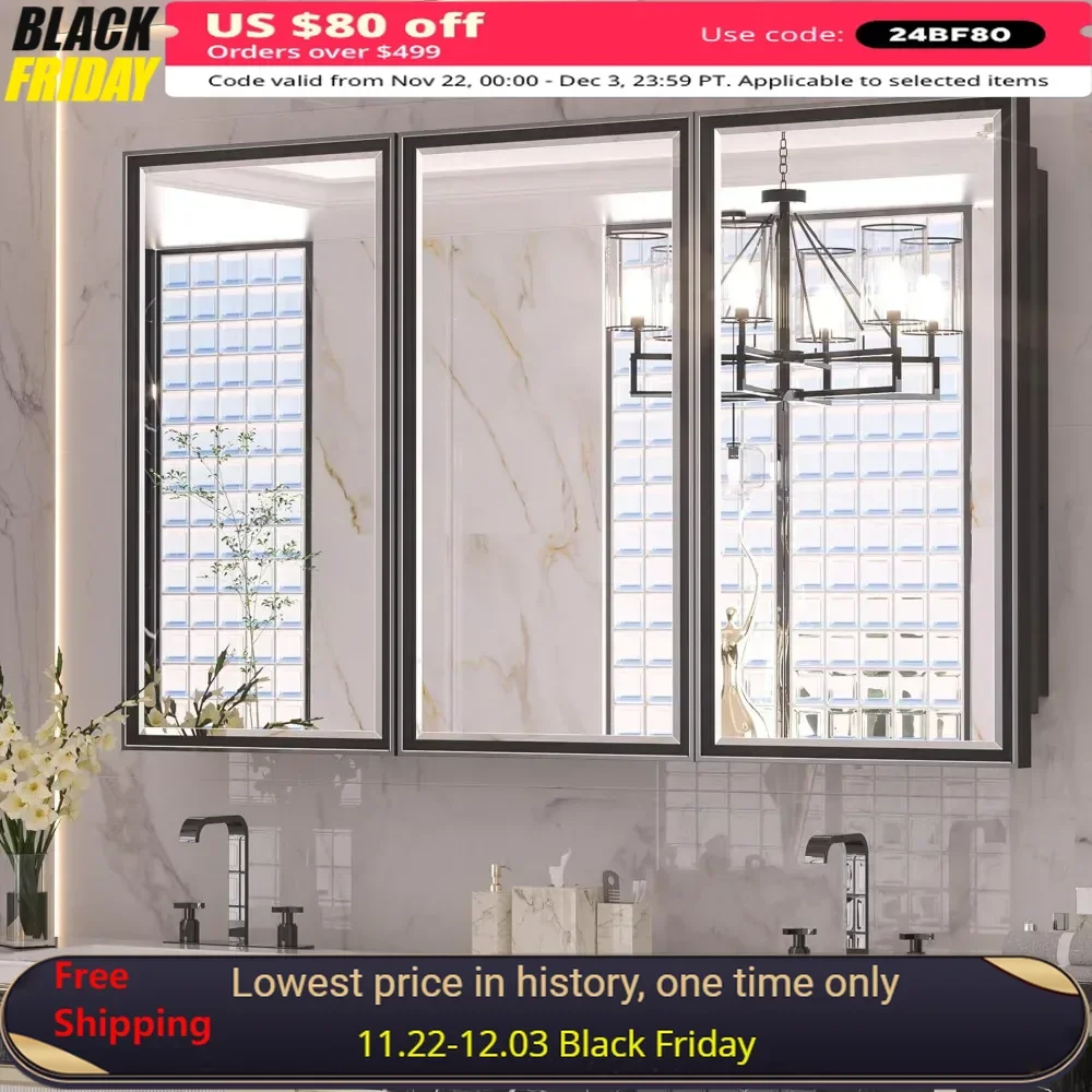 48” X 30” Black Bathroom Medicine Cabinets with Mirror Recessed or Surface Wall-Mounted Aluminum Alloy Framed Beveled Mirror