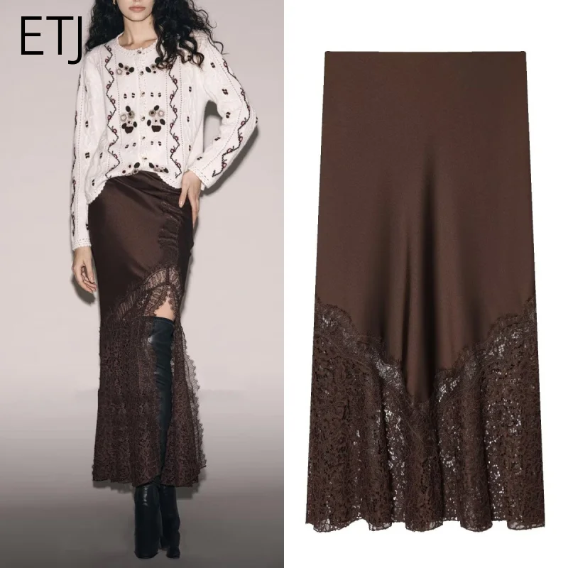 ETJ 2026 المرأة ربيع منتج جديد أنيق أزياء من الدانتل خياطة مثير الورك ذيل السمكة نمط شق تنورة