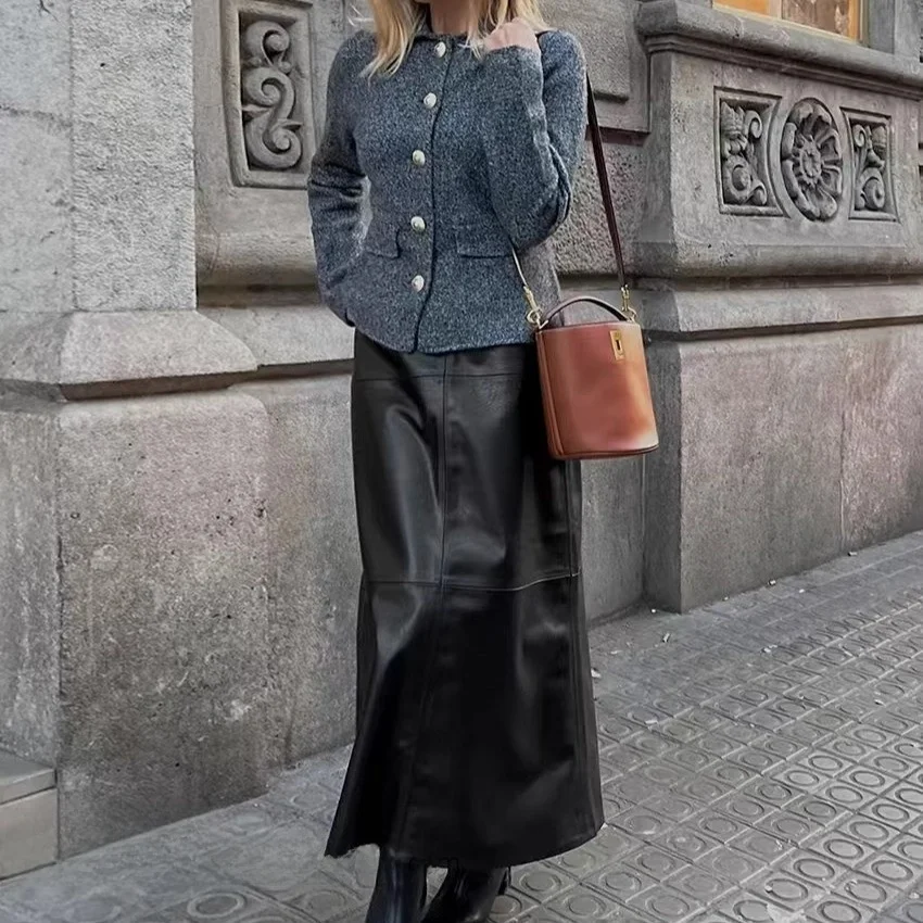 하이웨이스트 플리스 안감 PU 가죽 스플릿 스커트 출퇴근용 스트레이트 튜브 미디 길이 A라인 솔리드 컬러 여성 스커트