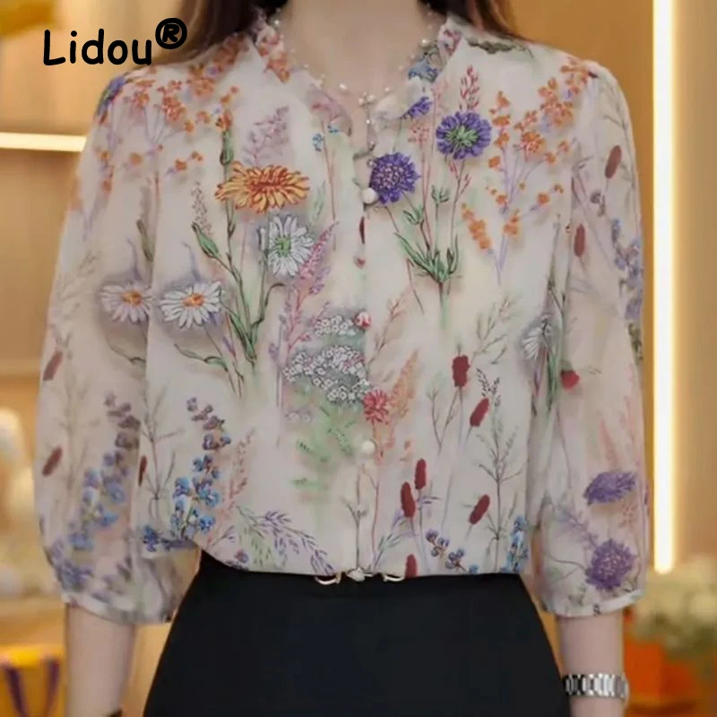 Women Vintage Fashion Floral Print Blouse Elegant Ruffle 3/4 Sleeve Loose Shirt Casual Sweet Chic Tops Summer Blusas Para Mujer