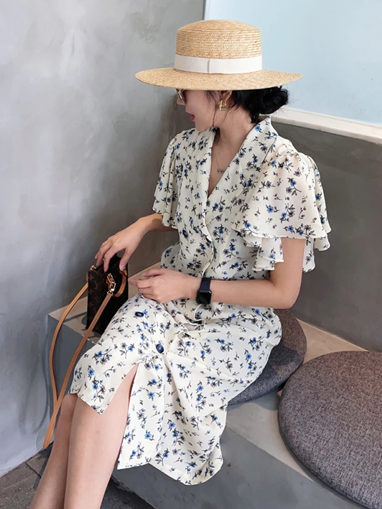 

Floral Print ort Sve Suit Collar Open Cardigan mid Length Skirt ort Sve Dr Women's Korean Sle High Waist Butto...