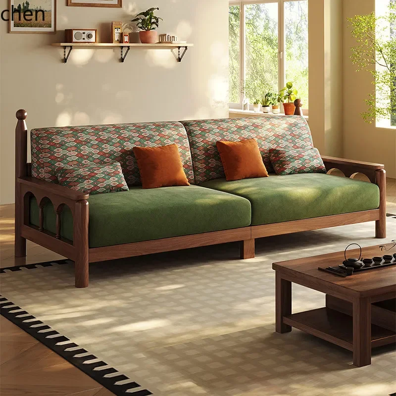 HYS Solid Wood Sofa Black Walnut Mid-Century Modern Minimalist Large and Small Apartment Living Room Fabric Straight Row Sofa