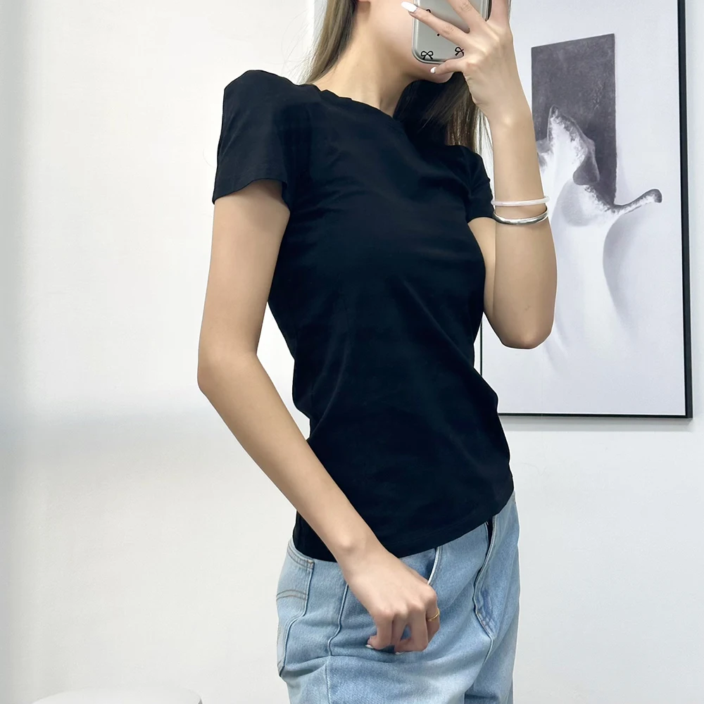 Shoulder Padded Short Sleeve Round Neck Women's T-Shirt Y2k Simple Fashion Commuter Hundred Cotton Tees Tops 2024 Summer New