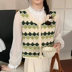 Argyle Crochet Vest Women Sleeveless Button Down Open Knit Waistcoat Top Boho Teen-girl Spring Summer Beach Outfit