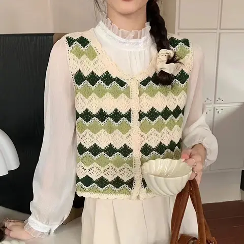 Argyle Crochet gilet femmes sans manches boutonné ouvert tricot gilet haut Boho adolescente printemps été tenue de plage