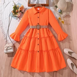 Summer Children Dress Casual Princess Dresses For 8-12 Years Kids Girls Orange Lapel Long-Sleeved Dress With Belt Cute Clothes