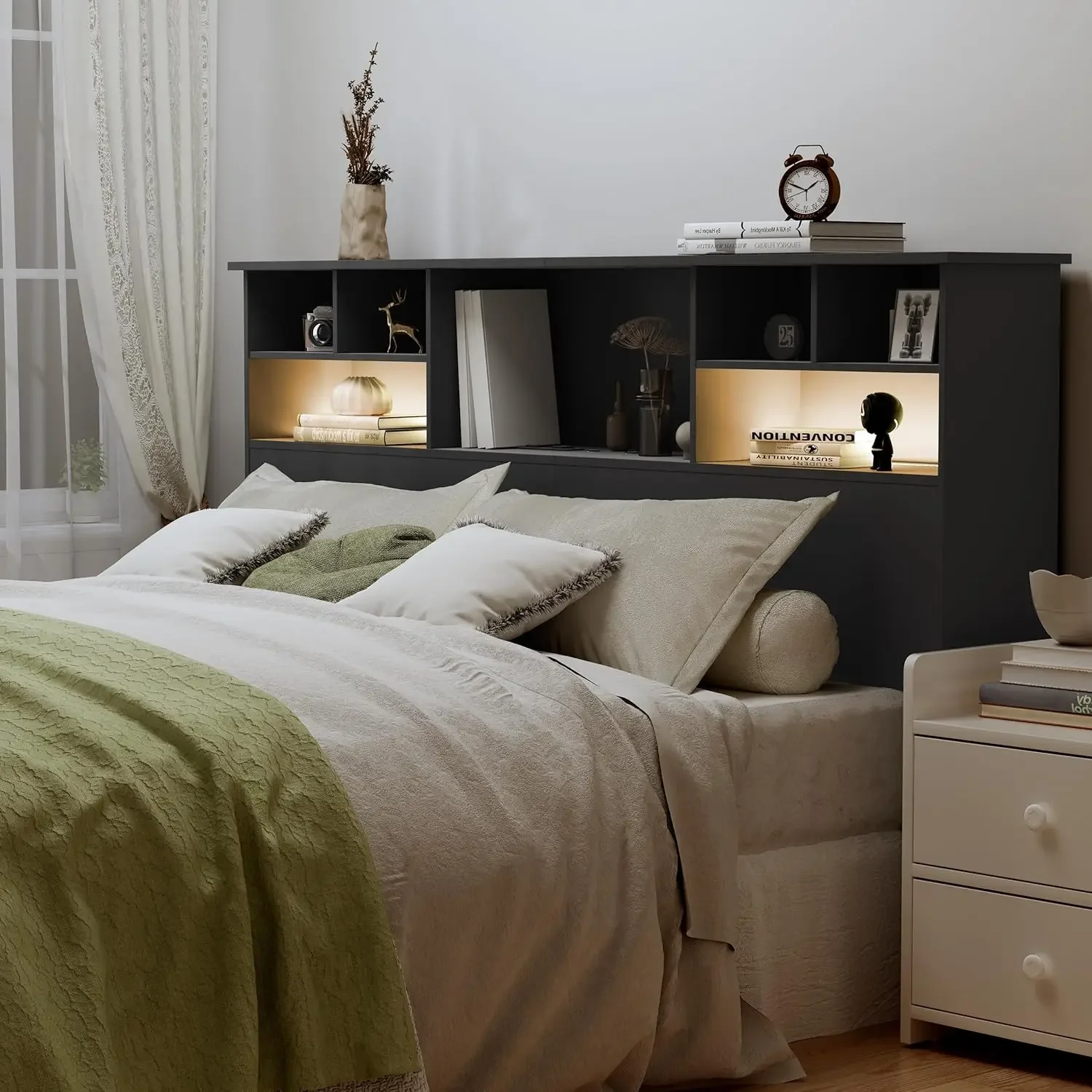 King Size Headboard only for Bedroom, Stylish King Bookcase Headboard with Built-in Charging Station & 2 LED Lights image 6