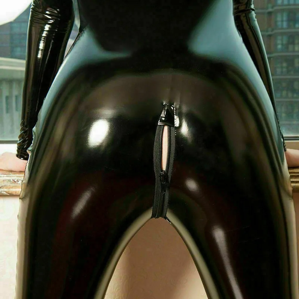 女性用 PVC オープンクロッチ ジャンプスーツ クラブウェア - ウェットルック レザー ボディスーツ コスチューム ブラック パーティー ナイトアウト用 サイズ M-3XL