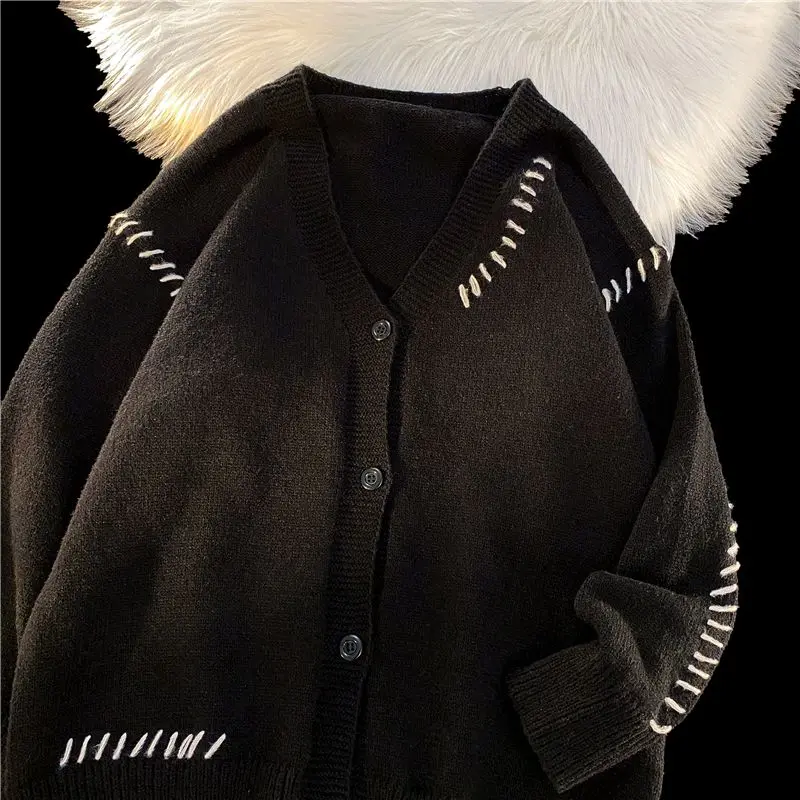 

Свободный мужской открытый кардиган-свитер, повседневный универсальный вязаный свитер для пар, осенне-весенний сезон, твердая текстура, дизайн V-Ne