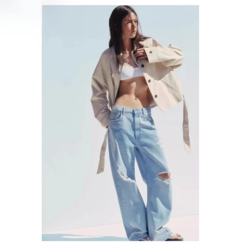 Nowa damska kurtka TRF na lato 2025 z paskiem, długa, z wywijanym kołnierzem, wiatrówka, do pracy, luźny krój, inne materiały.