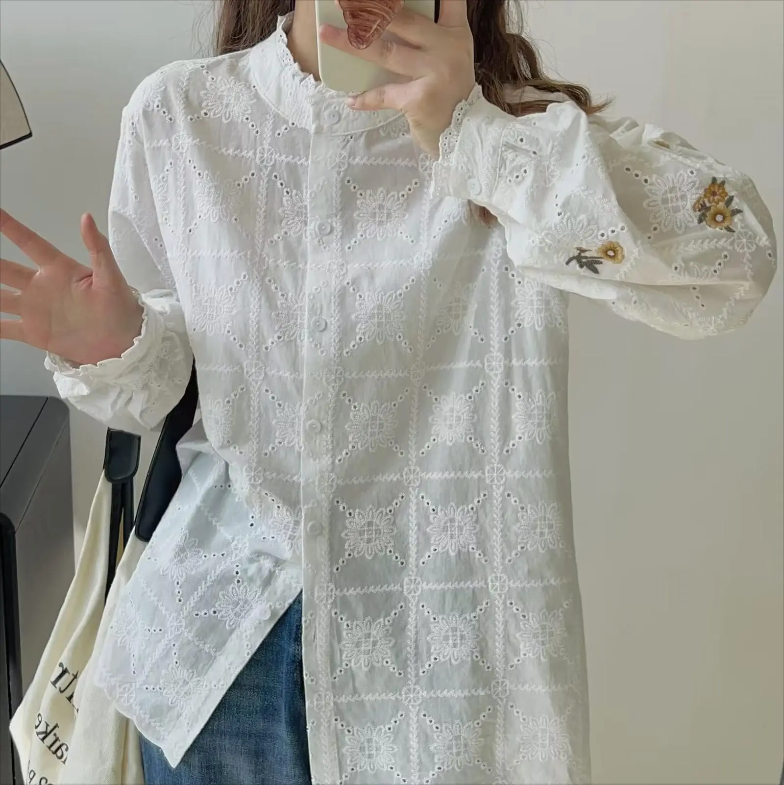 New Spring Autumn Cotton White Shirts Women Round Collar Tops Long Sleeve Lace Embroidery Loose Casual Long Blouses T37961JC