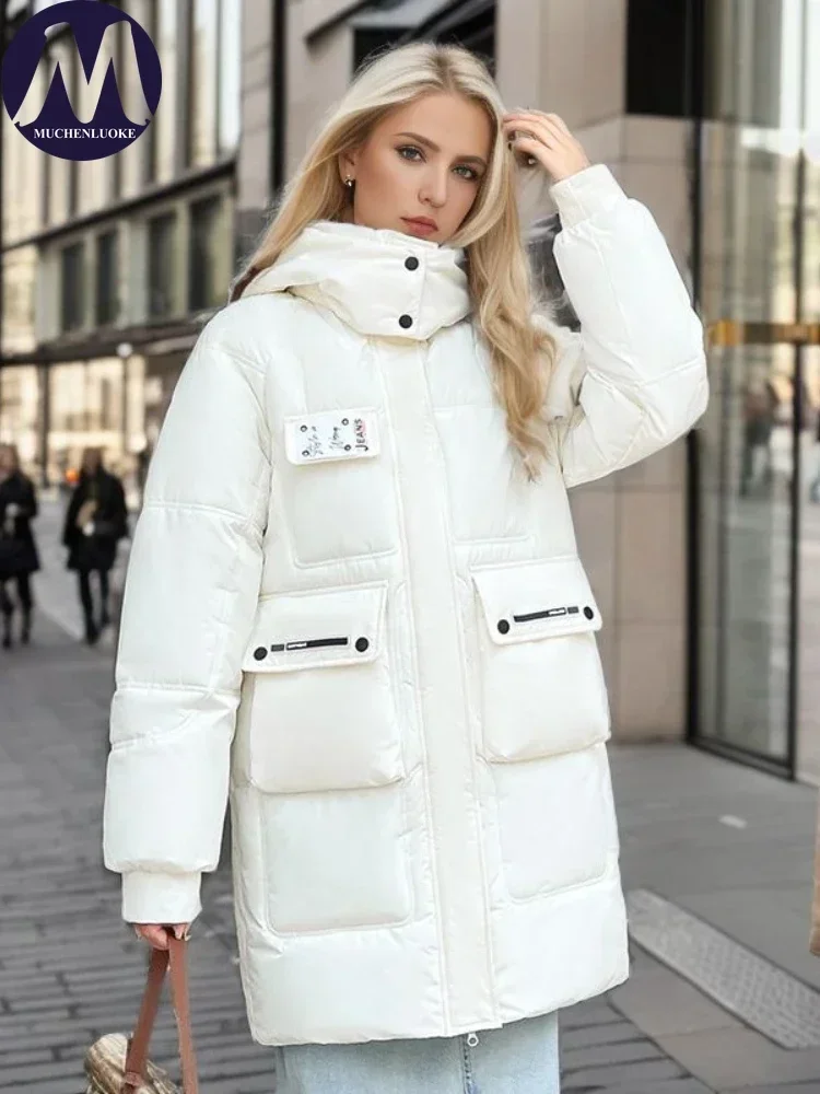 

Женский пуховик с капюшоном, воротник-стойка, длинный рукав, средней длины, корейская модная свободная толстая теплая повседневная зимняя парка